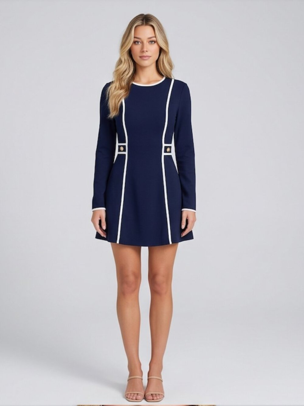 Navy Blue Knit Shift Mini Dress White Contour Trim Gold Accent Buttons